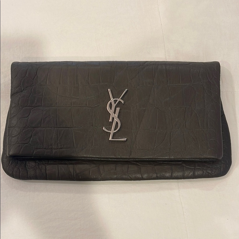 Yves Saint Laurent Black Croc-Embossed Clutch